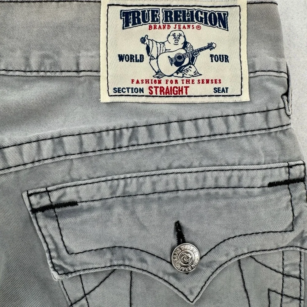 True Religion Jeans Mens 32 Gray Straight Rising Smoke Flap Pockets Distress NWT